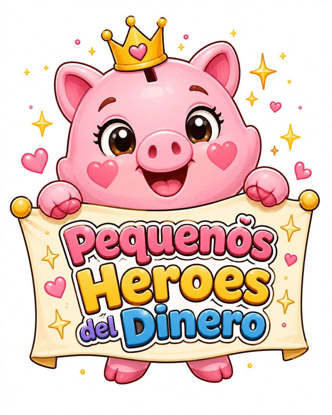Portada del libro "Pequeños Héroes del Dinero" — Lucy la alcancía con corona dorada presenta el título